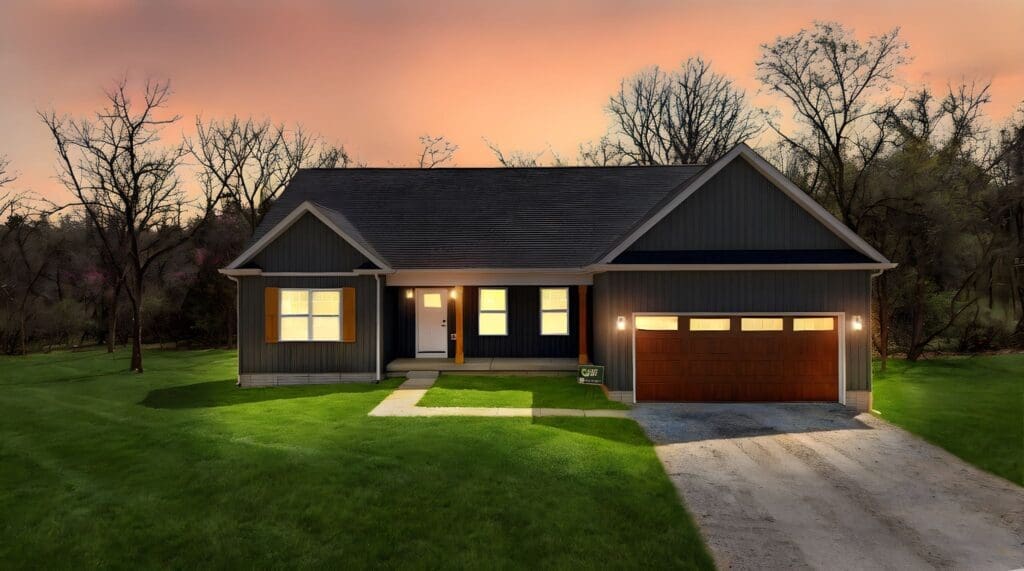 A modern residential home photographed at sunset with warm golden-hour lighting illuminating the facade, landscaping, and manicured lawn.