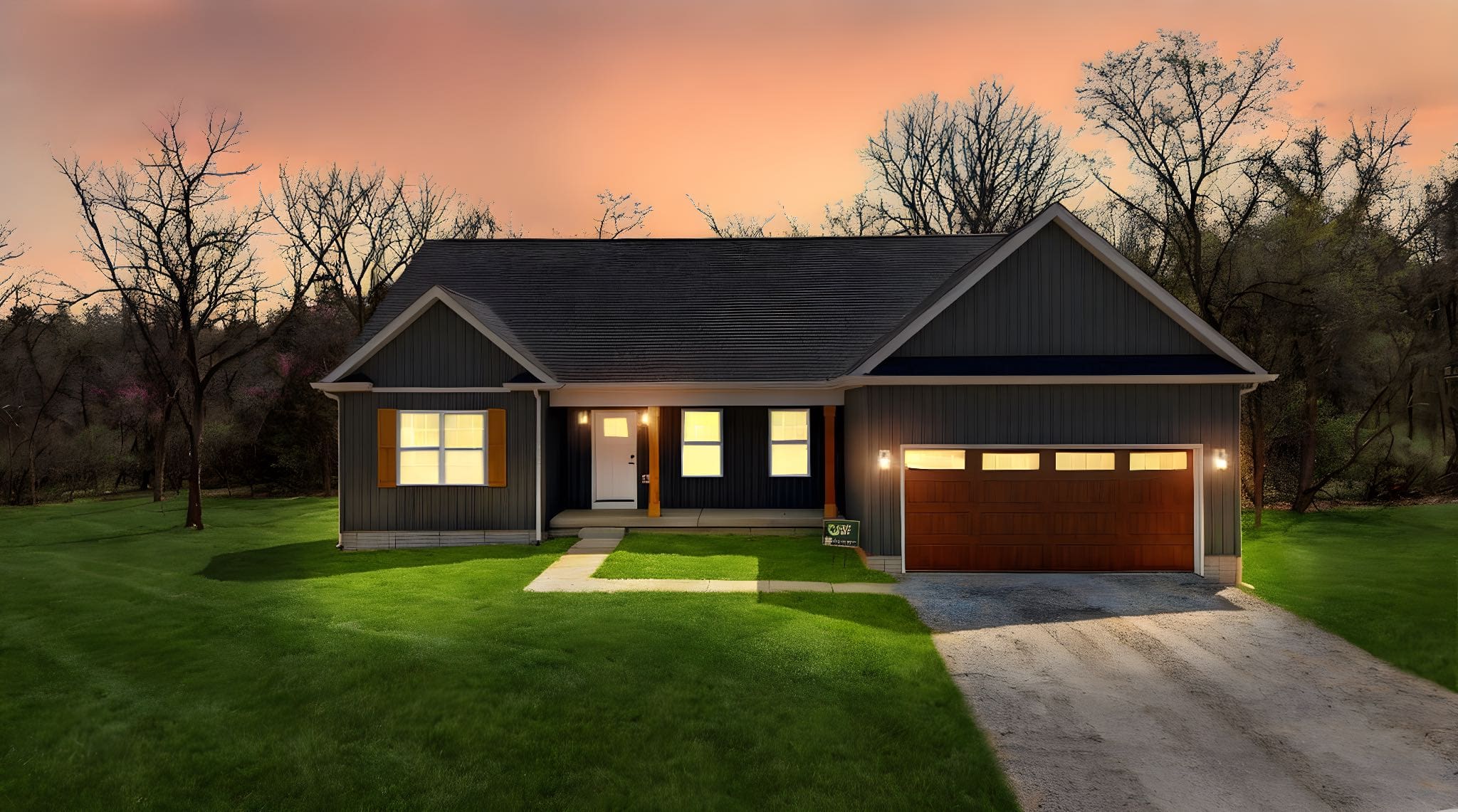 A modern residential home photographed at sunset with warm golden-hour lighting illuminating the facade, landscaping, and manicured lawn.